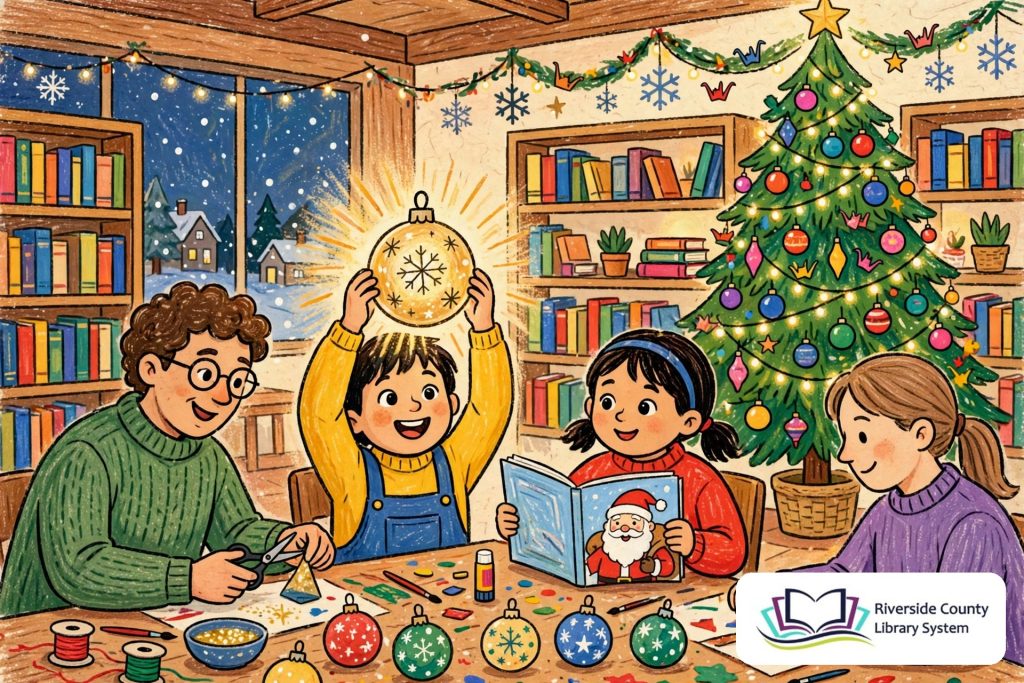 Children and parents making a glowing Christmas ornament at Eastvale Library