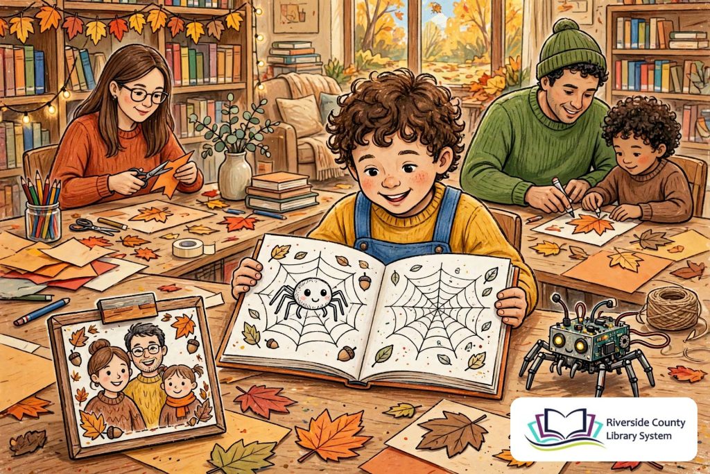 Children and parents making a family portrait magnet and a moving electronic spider at Eastvale Library