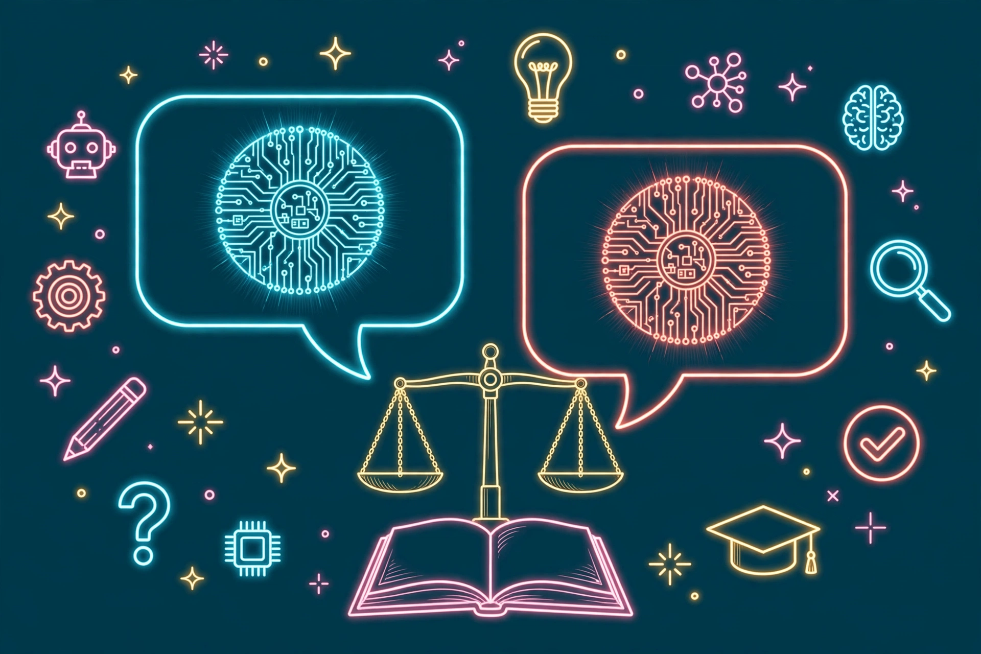 Two AI tools compared side by side, with icons for learning, questions, and ideas, above an open book