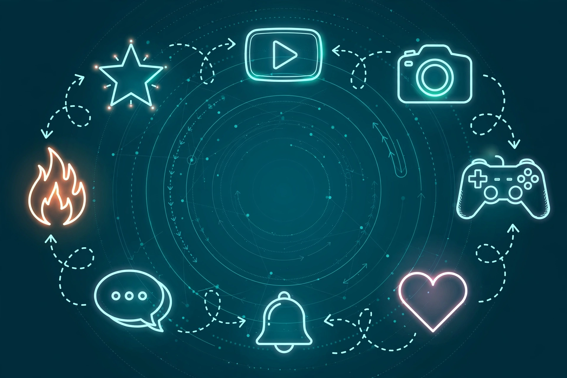 App icons for video, photos, games, likes, notifications, chat, and streaks arranged in a recommendation loop